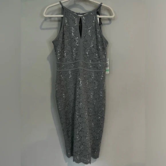 Silver, sequined, sleeveless dress with tie back - Picture 7 of 14